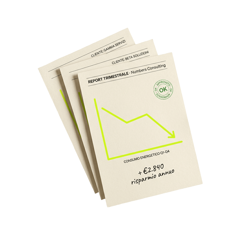 Report trimestrale di consulenza energetica con grafico di risparmio approvato